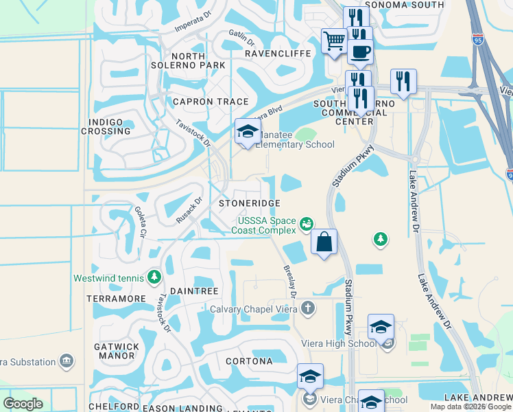 map of restaurants, bars, coffee shops, grocery stores, and more near 5778 Tamarac Drive in Melbourne