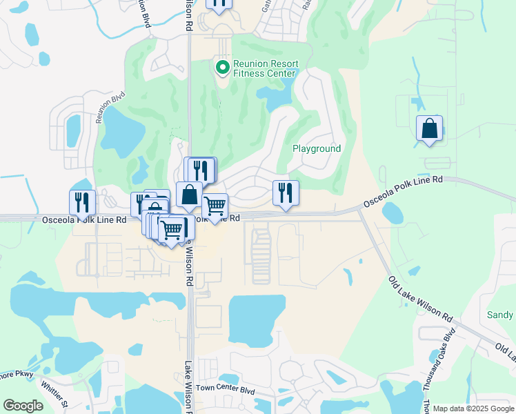 map of restaurants, bars, coffee shops, grocery stores, and more near 69 Country Mouse Circle in Davenport