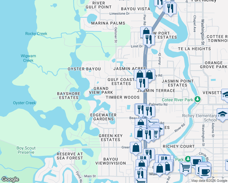 map of restaurants, bars, coffee shops, grocery stores, and more near 4935 Ladyfish Court in Port Richey