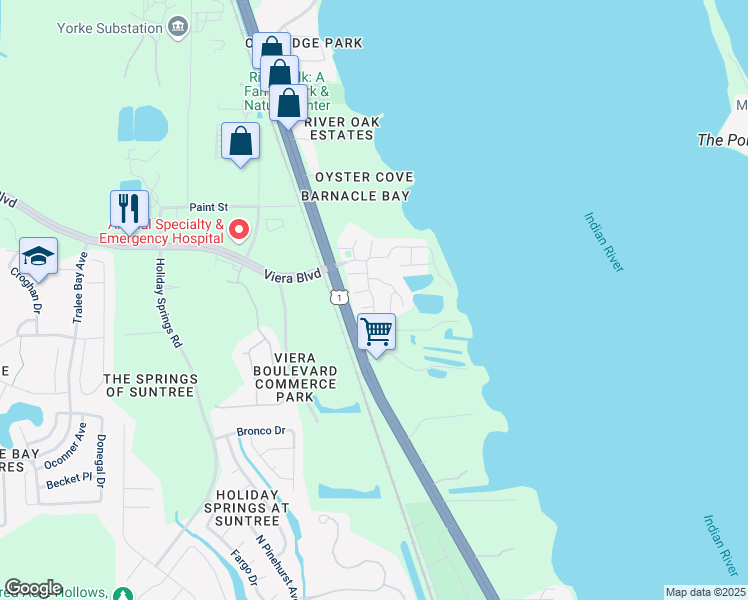 map of restaurants, bars, coffee shops, grocery stores, and more near 282 Current Drive in Rockledge