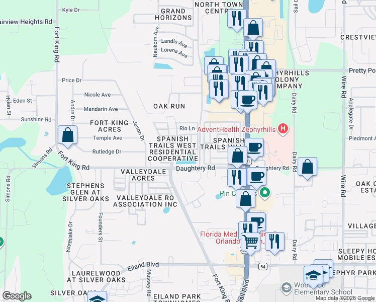map of restaurants, bars, coffee shops, grocery stores, and more near 37644 Pinata Avenue in Zephyrhills