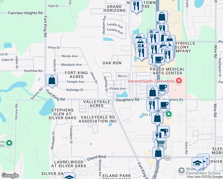 map of restaurants, bars, coffee shops, grocery stores, and more near 37542 Pinata Avenue in Zephyrhills