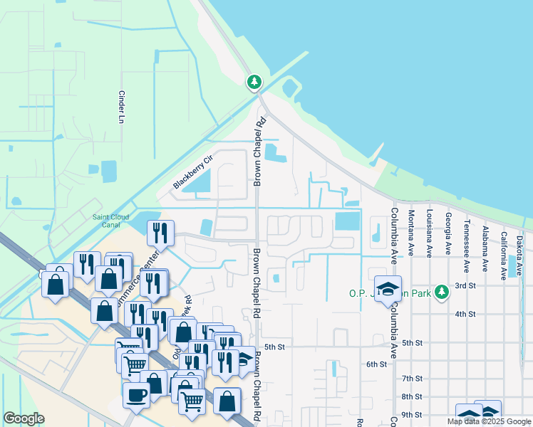 map of restaurants, bars, coffee shops, grocery stores, and more near 88 Nesting Loop in St. Cloud
