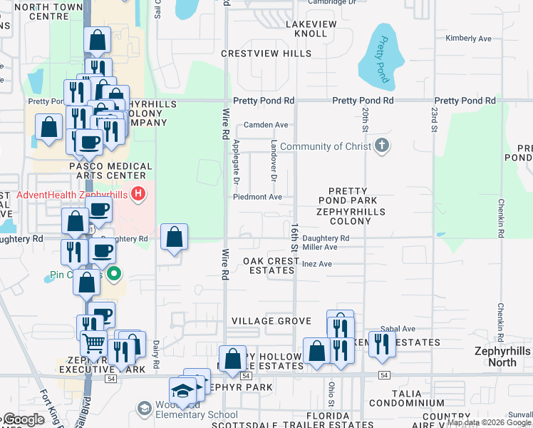 map of restaurants, bars, coffee shops, grocery stores, and more near 38608 Banes Drive in Zephyrhills