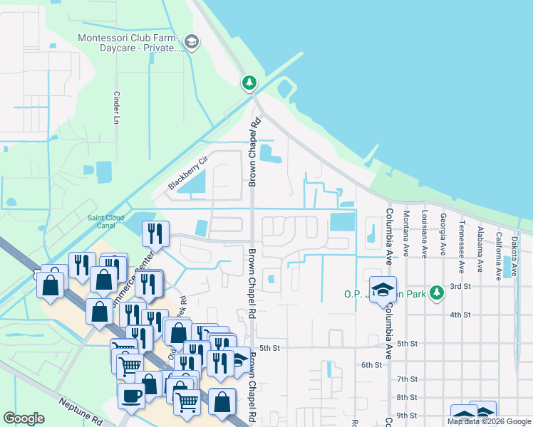 map of restaurants, bars, coffee shops, grocery stores, and more near 88 Nesting Loop in St. Cloud