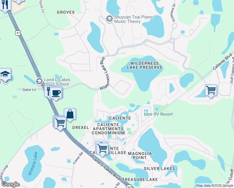 map of restaurants, bars, coffee shops, grocery stores, and more near 7053 Timber Ridge Way in Land O' Lakes