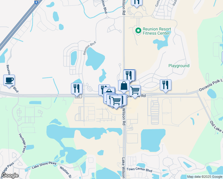 map of restaurants, bars, coffee shops, grocery stores, and more near 7673 Heritage Crossing Way in Kissimmee