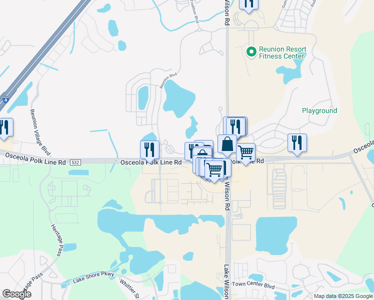 map of restaurants, bars, coffee shops, grocery stores, and more near 7681 Heritage Crossing Way in Four Corners