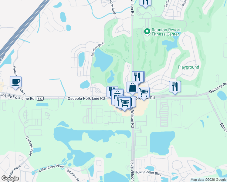 map of restaurants, bars, coffee shops, grocery stores, and more near 7681 Heritage Crossing Way in Four Corners