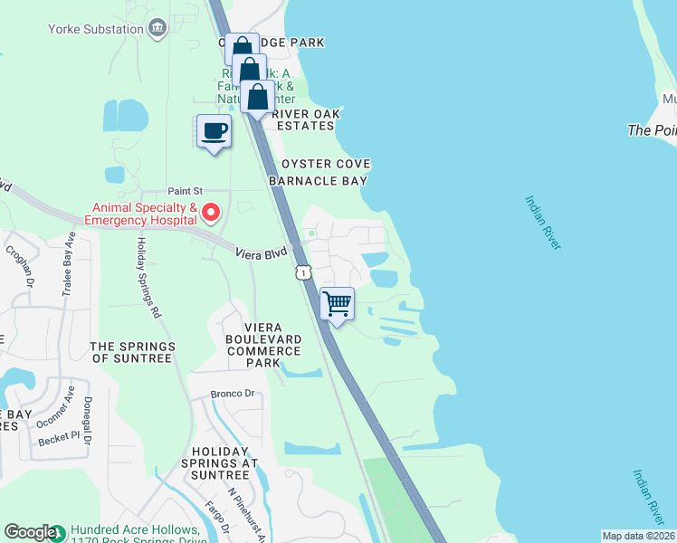 map of restaurants, bars, coffee shops, grocery stores, and more near 195 Bluefish Place in Rockledge