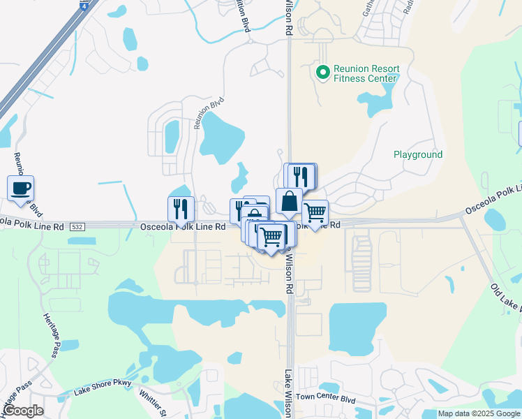 map of restaurants, bars, coffee shops, grocery stores, and more near 7673 Heritage Crossing Way in Kissimmee