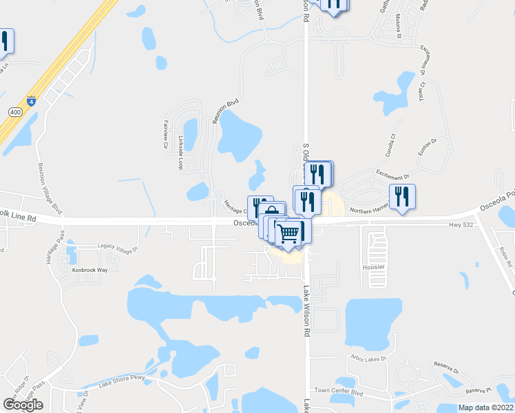 map of restaurants, bars, coffee shops, grocery stores, and more near 7681 Heritage Crossing Way in Four Corners