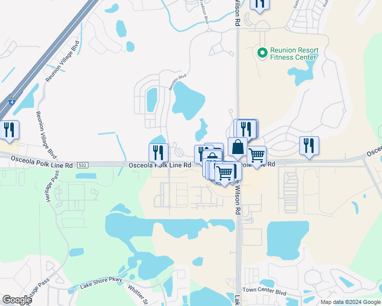 map of restaurants, bars, coffee shops, grocery stores, and more near 7681 Heritage Crossing Way in Four Corners