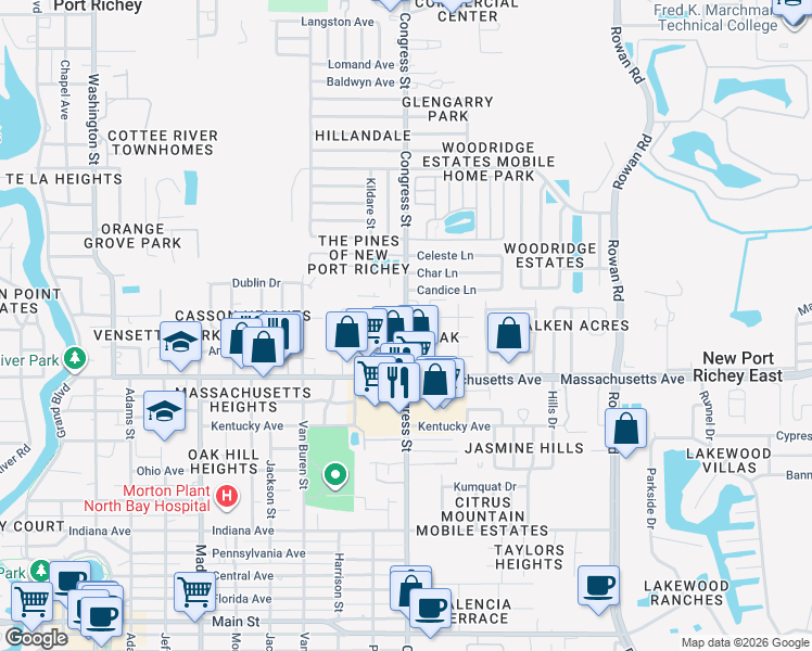 map of restaurants, bars, coffee shops, grocery stores, and more near Congress Street in New Port Richey