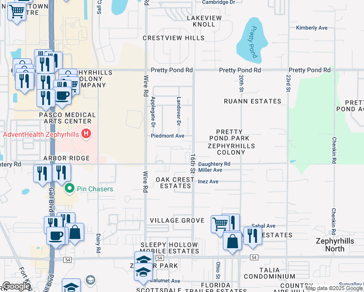 map of restaurants, bars, coffee shops, grocery stores, and more near 7032 16th Street in Zephyrhills