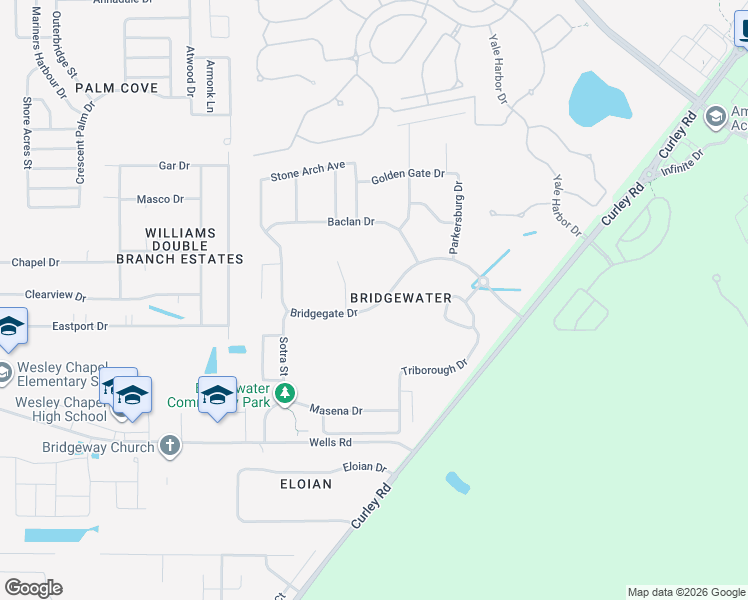 map of restaurants, bars, coffee shops, grocery stores, and more near 31211 Bridgegate Drive in Wesley Chapel