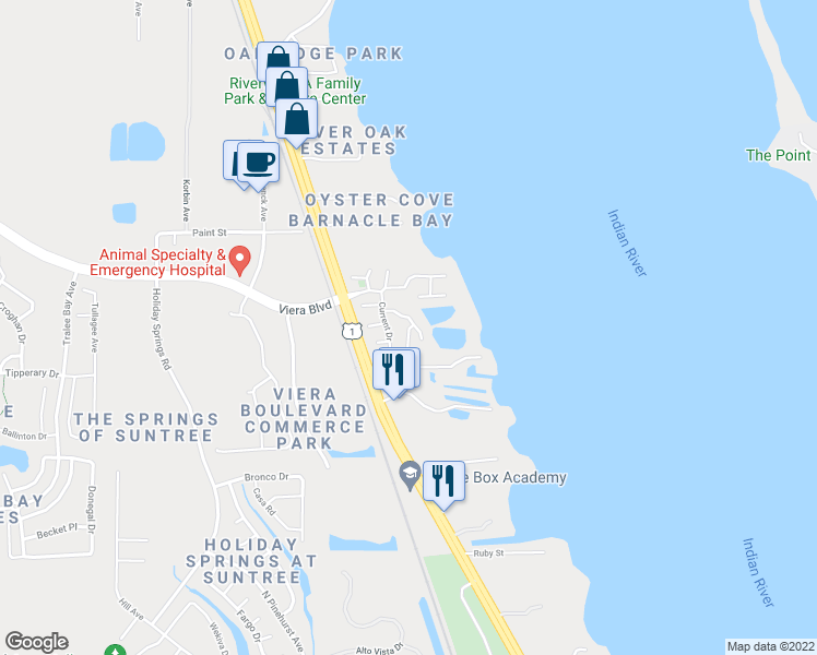 map of restaurants, bars, coffee shops, grocery stores, and more near 280 Erin Lane in Rockledge
