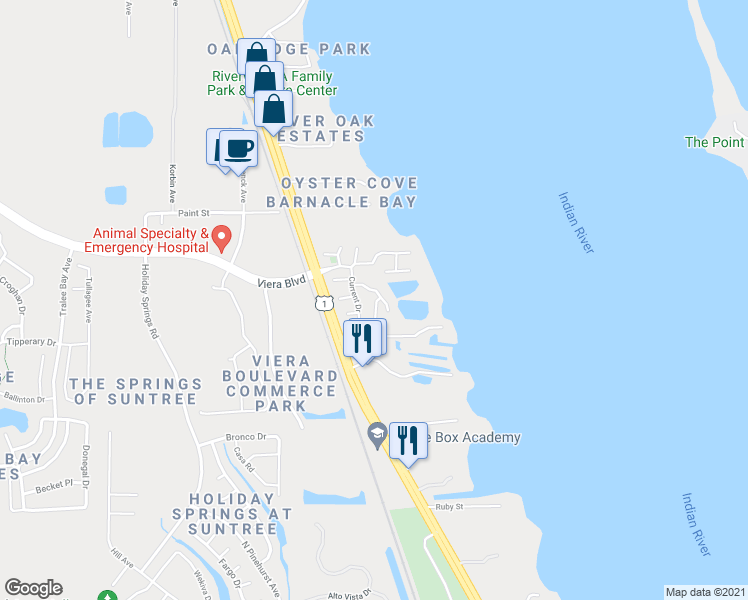 map of restaurants, bars, coffee shops, grocery stores, and more near 280 Erin Lane in Rockledge