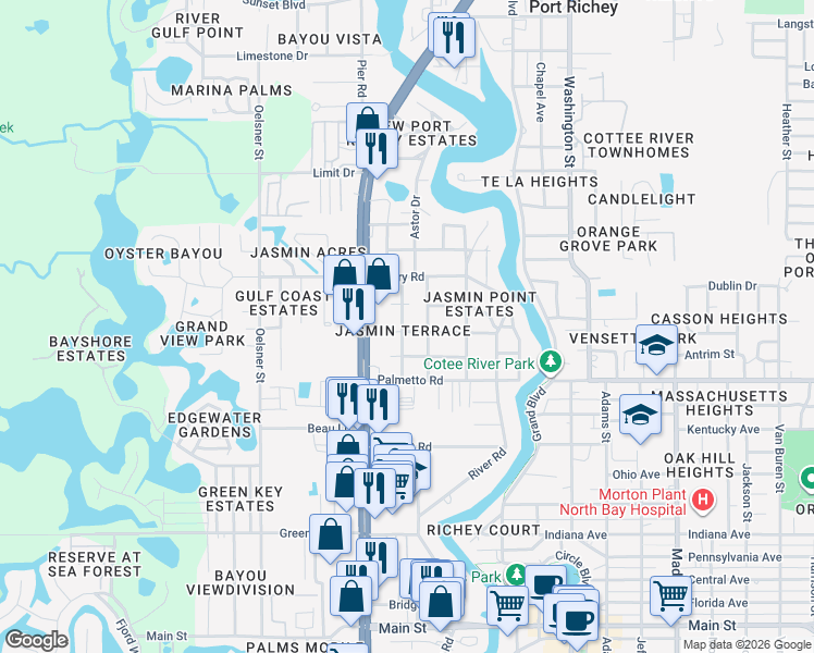 map of restaurants, bars, coffee shops, grocery stores, and more near 7049 Astor Drive in Port Richey