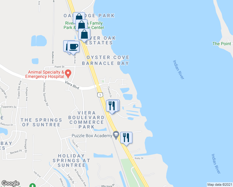 map of restaurants, bars, coffee shops, grocery stores, and more near 280 Erin Lane in Rockledge