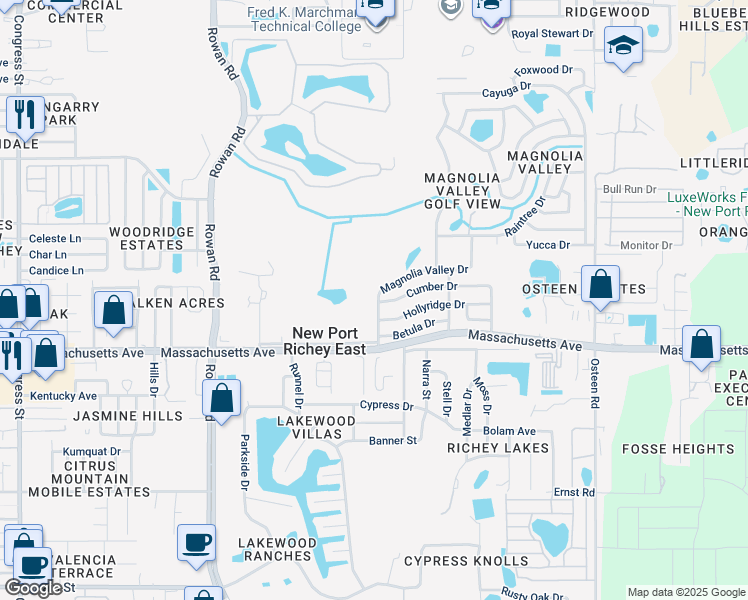 map of restaurants, bars, coffee shops, grocery stores, and more near 7049 Magnolia Valley Drive in New Port Richey