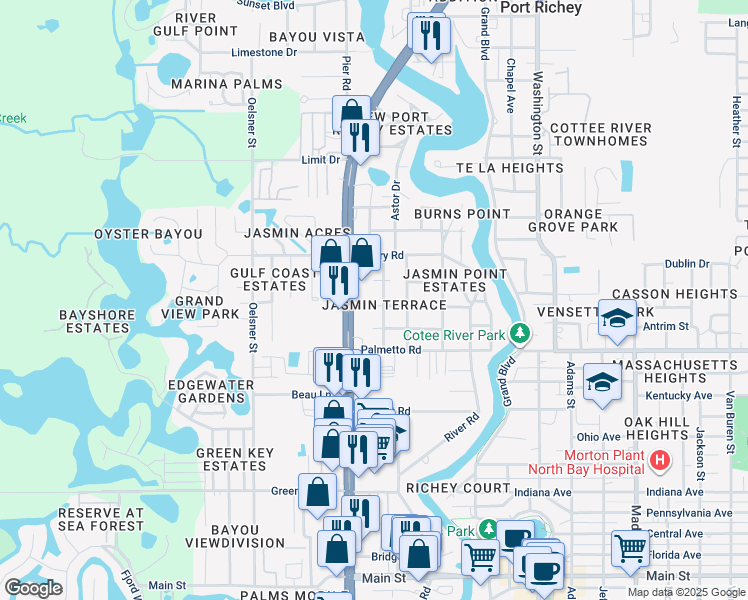 map of restaurants, bars, coffee shops, grocery stores, and more near 7049 Astor Drive in Port Richey