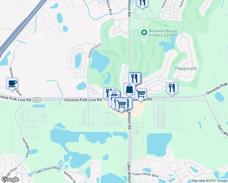map of restaurants, bars, coffee shops, grocery stores, and more near 7673 Heritage Crossing Way in Kissimmee