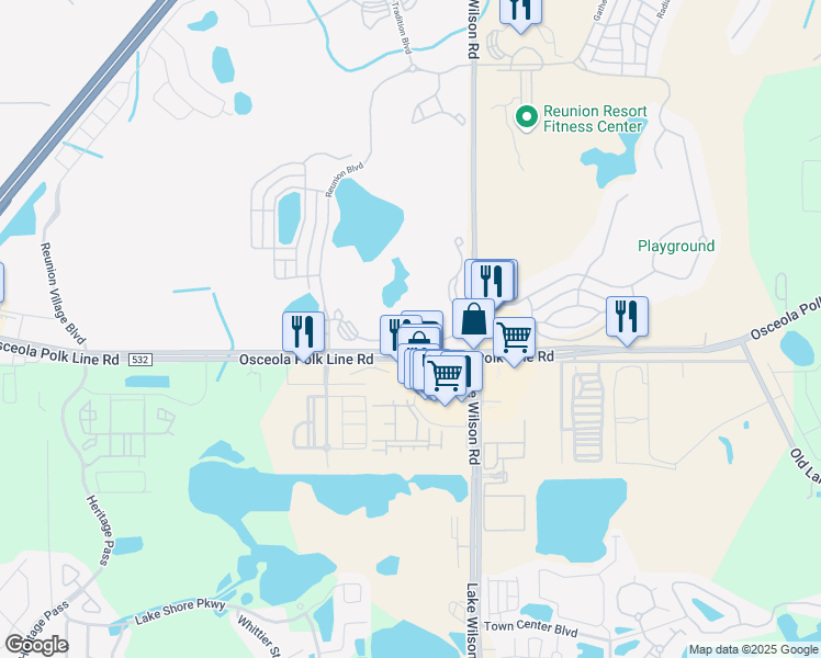 map of restaurants, bars, coffee shops, grocery stores, and more near Heritage Crossing Court in Kissimmee