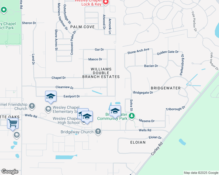 map of restaurants, bars, coffee shops, grocery stores, and more near 7035 Sky Drive in Wesley Chapel