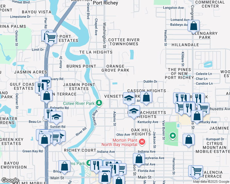 map of restaurants, bars, coffee shops, grocery stores, and more near 5824 Olive Drive in New Port Richey