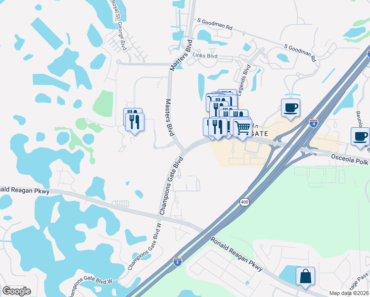 map of restaurants, bars, coffee shops, grocery stores, and more near 8414 Championsgate Boulevard in Davenport