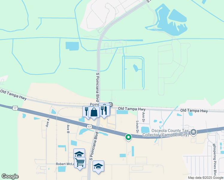 map of restaurants, bars, coffee shops, grocery stores, and more near South Rail Avenue in Kissimmee