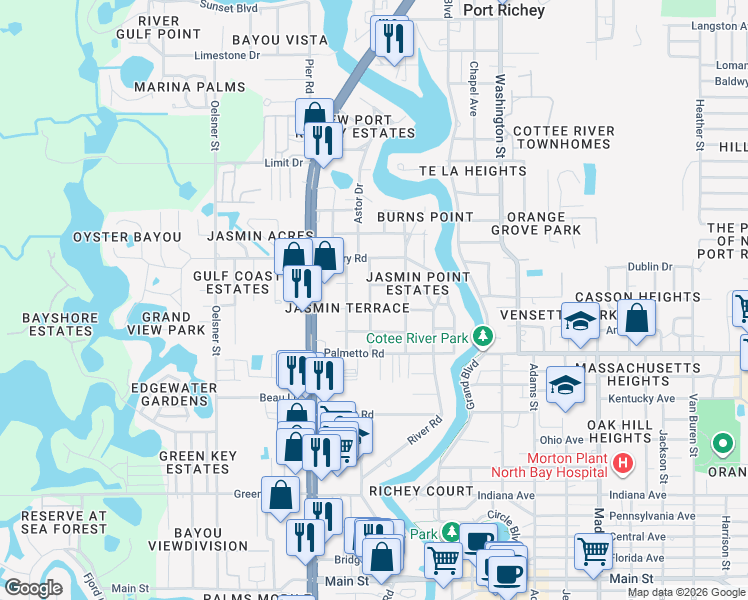 map of restaurants, bars, coffee shops, grocery stores, and more near 7046 Green Street in Port Richey