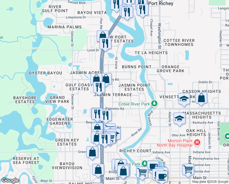 map of restaurants, bars, coffee shops, grocery stores, and more near 5313 Berkley Road in New Port Richey