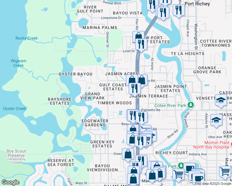 map of restaurants, bars, coffee shops, grocery stores, and more near 7152 Oakwood Drive in New Port Richey