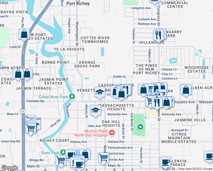 map of restaurants, bars, coffee shops, grocery stores, and more near 7127 Adare Drive in New Port Richey