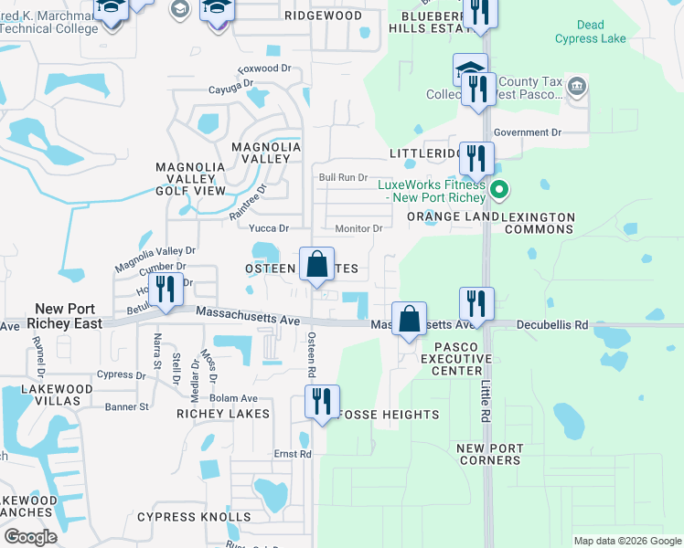 map of restaurants, bars, coffee shops, grocery stores, and more near 7220 Osteen Road in New Port Richey