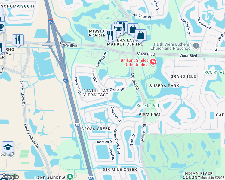 map of restaurants, bars, coffee shops, grocery stores, and more near 5664 Star Rush Drive in Melbourne