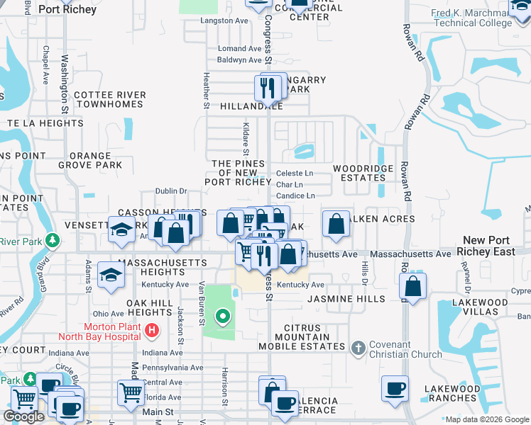map of restaurants, bars, coffee shops, grocery stores, and more near 7154 Congress Street in New Port Richey