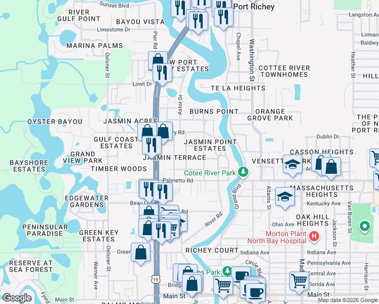 map of restaurants, bars, coffee shops, grocery stores, and more near 7122 Green Street in New Port Richey
