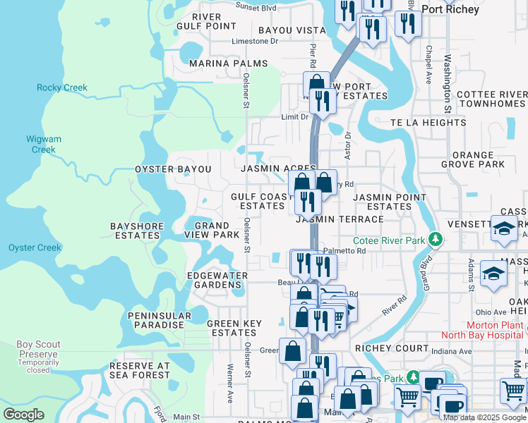 map of restaurants, bars, coffee shops, grocery stores, and more near 7152 Oakwood Drive in New Port Richey
