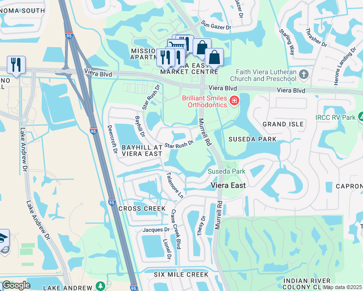 map of restaurants, bars, coffee shops, grocery stores, and more near 5674 Star Rush Drive in Melbourne