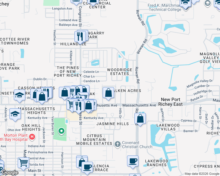 map of restaurants, bars, coffee shops, grocery stores, and more near 6754 Ventura Drive in New Port Richey