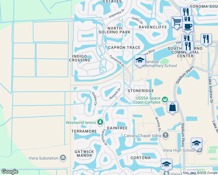 map of restaurants, bars, coffee shops, grocery stores, and more near 5780 Rusack Drive in Melbourne