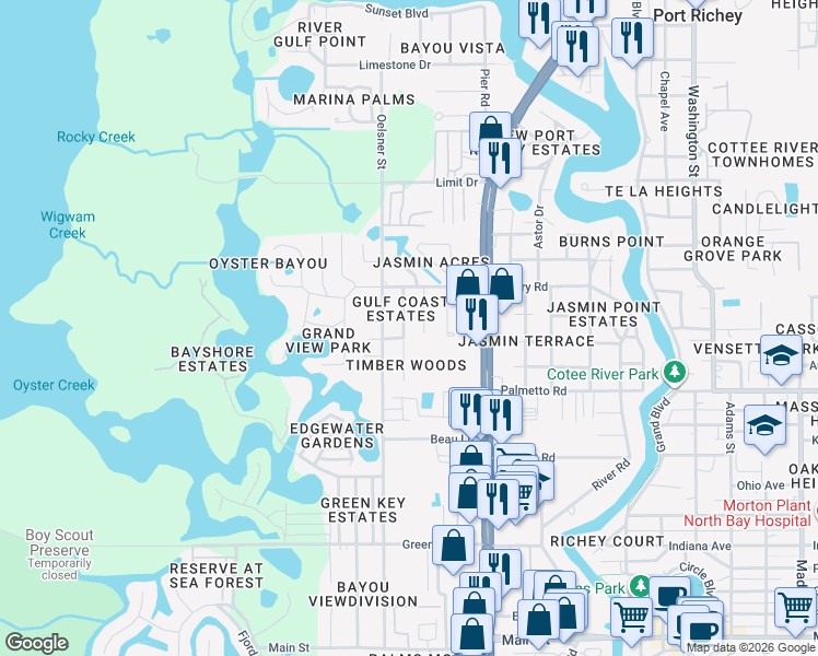 map of restaurants, bars, coffee shops, grocery stores, and more near 7128 Oakwood Drive in New Port Richey