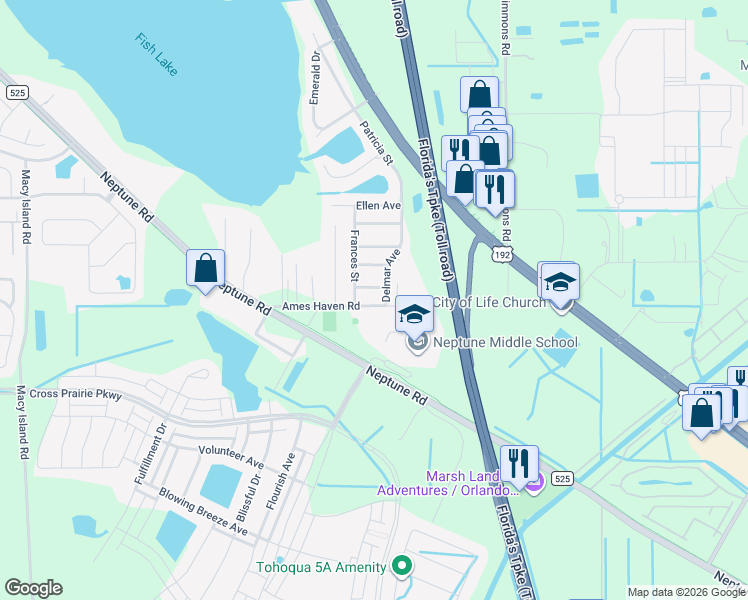 map of restaurants, bars, coffee shops, grocery stores, and more near 2657 Shirley Avenue in Kissimmee