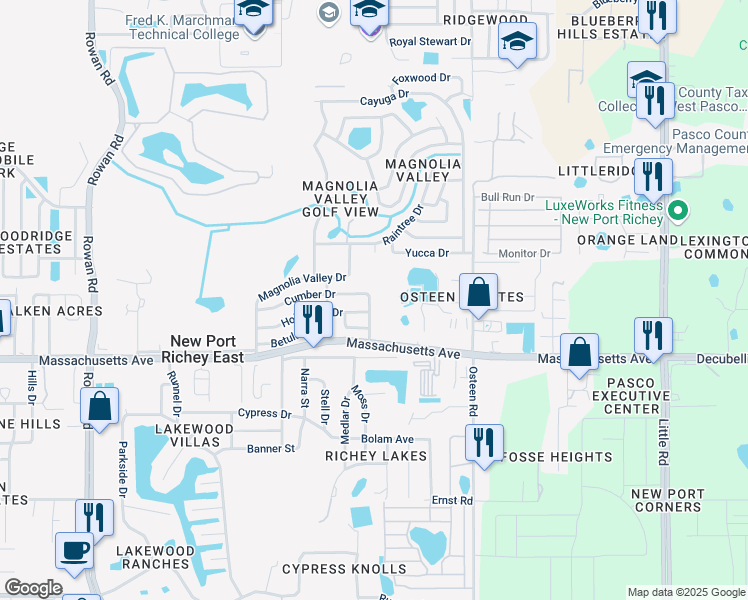 map of restaurants, bars, coffee shops, grocery stores, and more near 7701 Cumber Drive in New Port Richey
