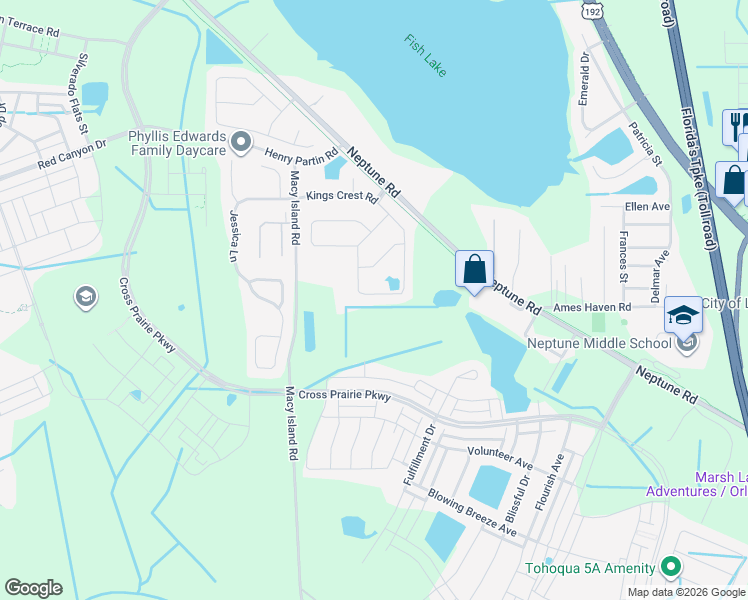 map of restaurants, bars, coffee shops, grocery stores, and more near 2370 Kings Crest Road in Kissimmee