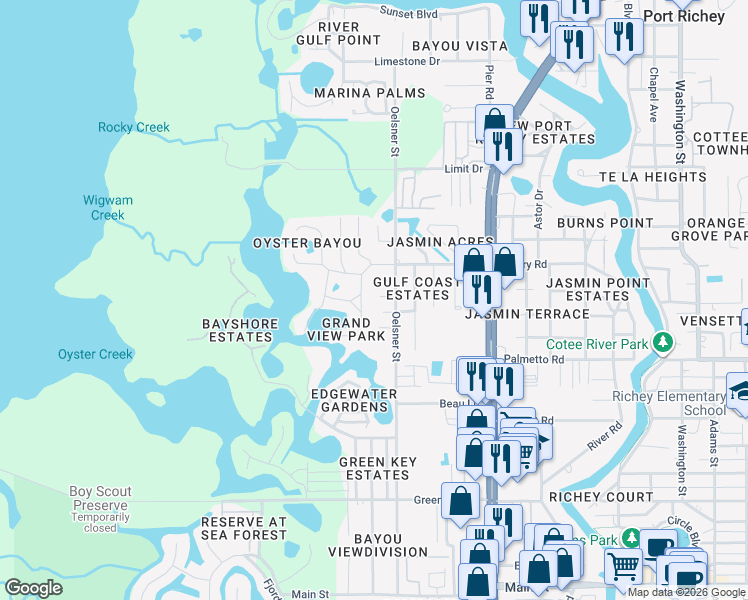 map of restaurants, bars, coffee shops, grocery stores, and more near 4934 Amherst Court in Port Richey