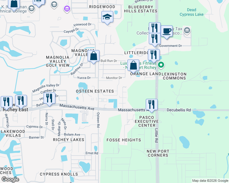 map of restaurants, bars, coffee shops, grocery stores, and more near 7224 Osteen Road in New Port Richey
